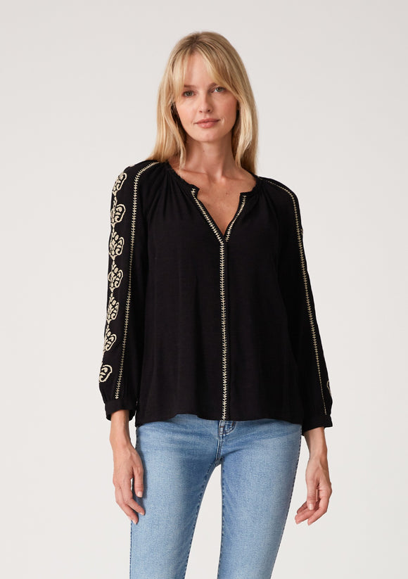 Embroidered Split Neck Peasant Blouse