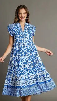 Blue/White Flutter Sleeve Dress