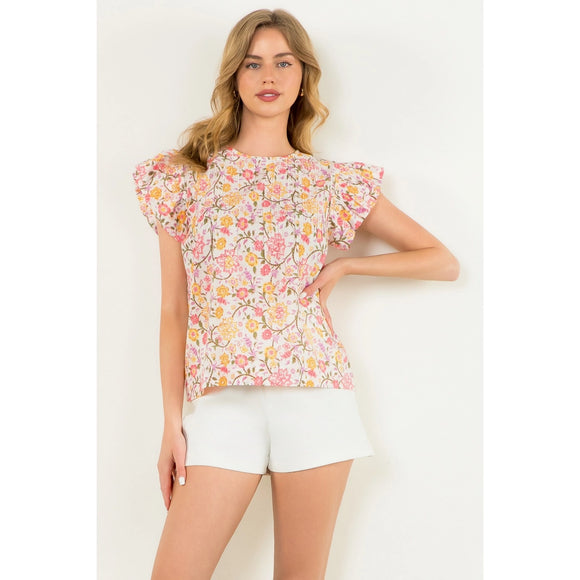 Short Ruffle Sleeve Floral Top