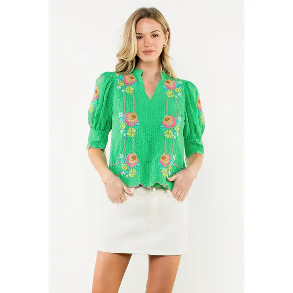 Embroidered Green Puff Sleeve Top