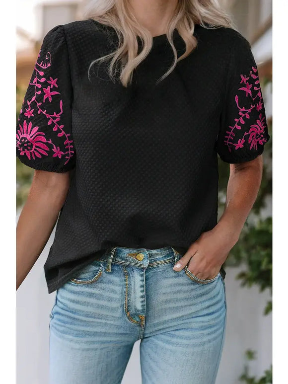 Black Embroidered Puff Sleeve Shirt