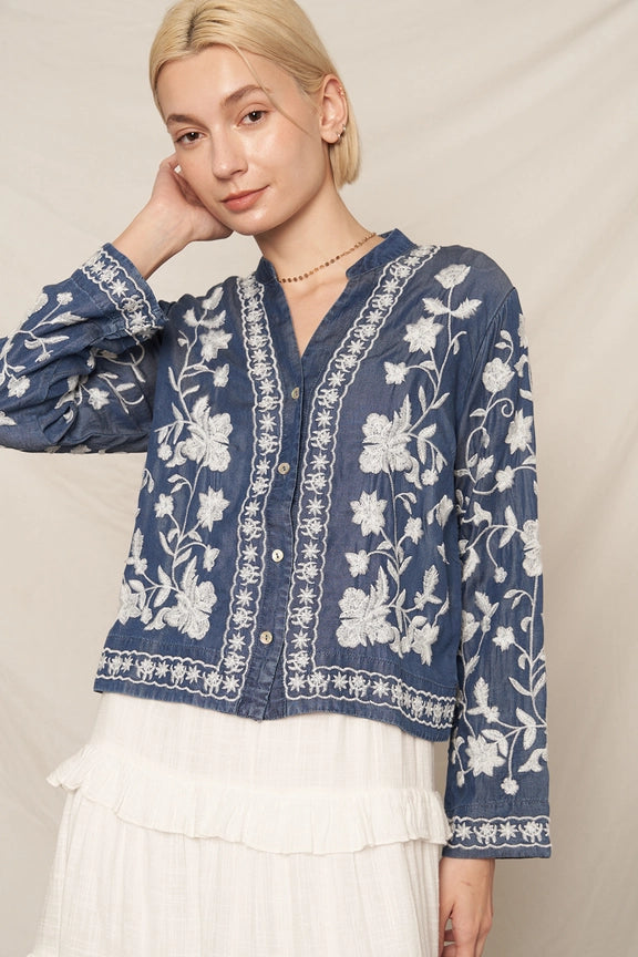 Embroidered Denim Top