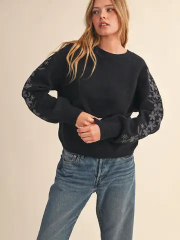 Merci Black Floral Sleeve Sweater