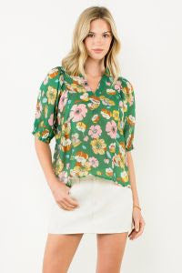 Short Sleeve Green Floral Top