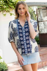 Navy and White Print Top