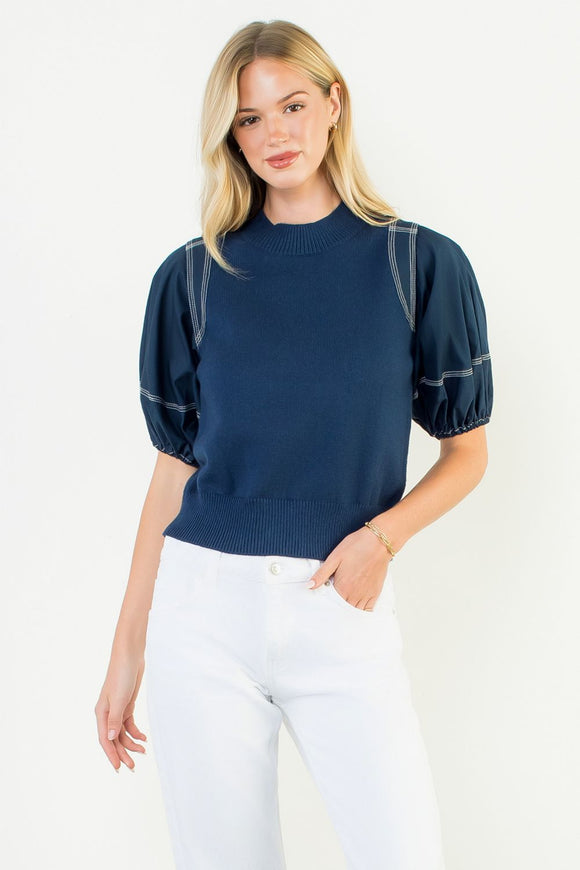 Navy Puff Sleeved Top