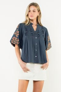 Navy Top Embroidered Sleeves