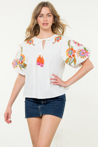 Embroidered Detail Puff Sleeve Top