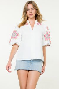 Embroidered Puff Sleeve Textured Top